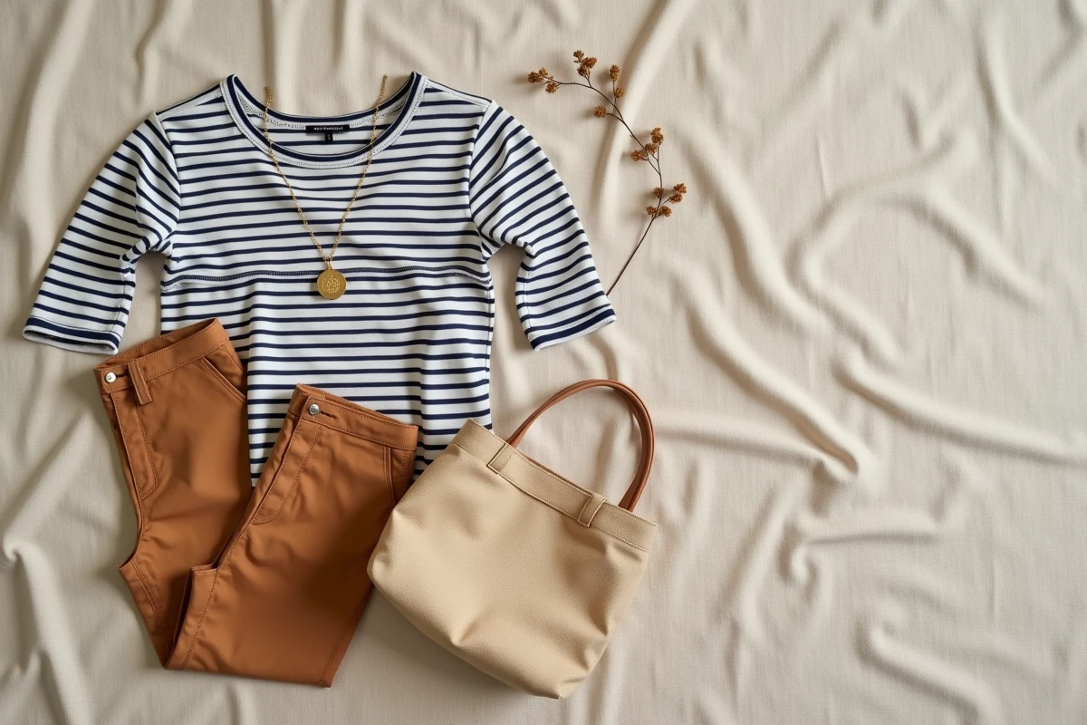 Flat lay éditorial des dernières pièces de la collection Camille Un Point C'est Tout sur fond de lin naturel