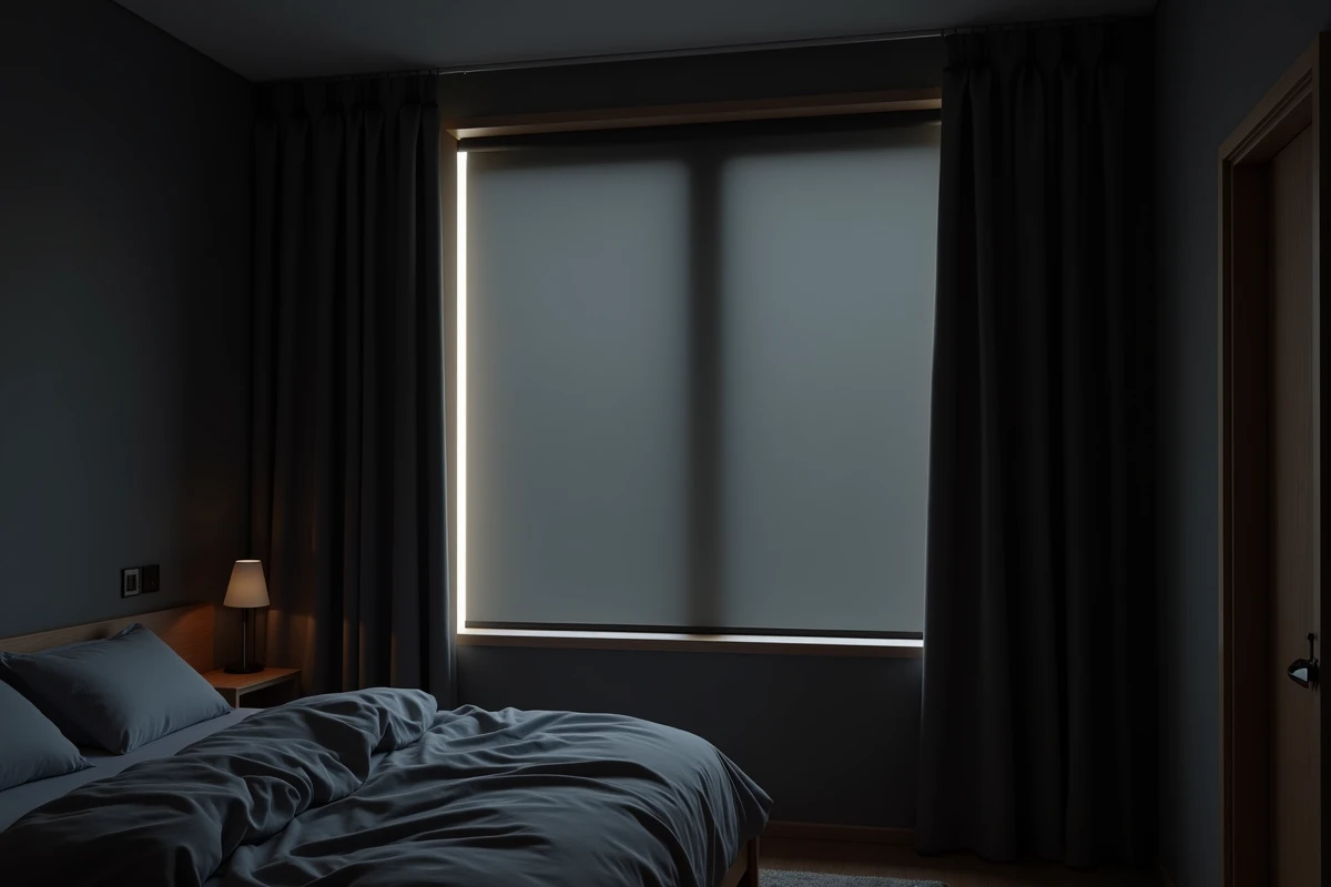 Rideau occultant installé sur une fenêtre avec un léger interstice laissant filtrer la lumière naturelle