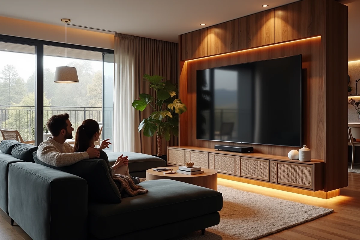 Grand meuble TV d'angle en noyer fumé dans un salon ouvert avec rangements intégrés et couple installé sur canapé velours