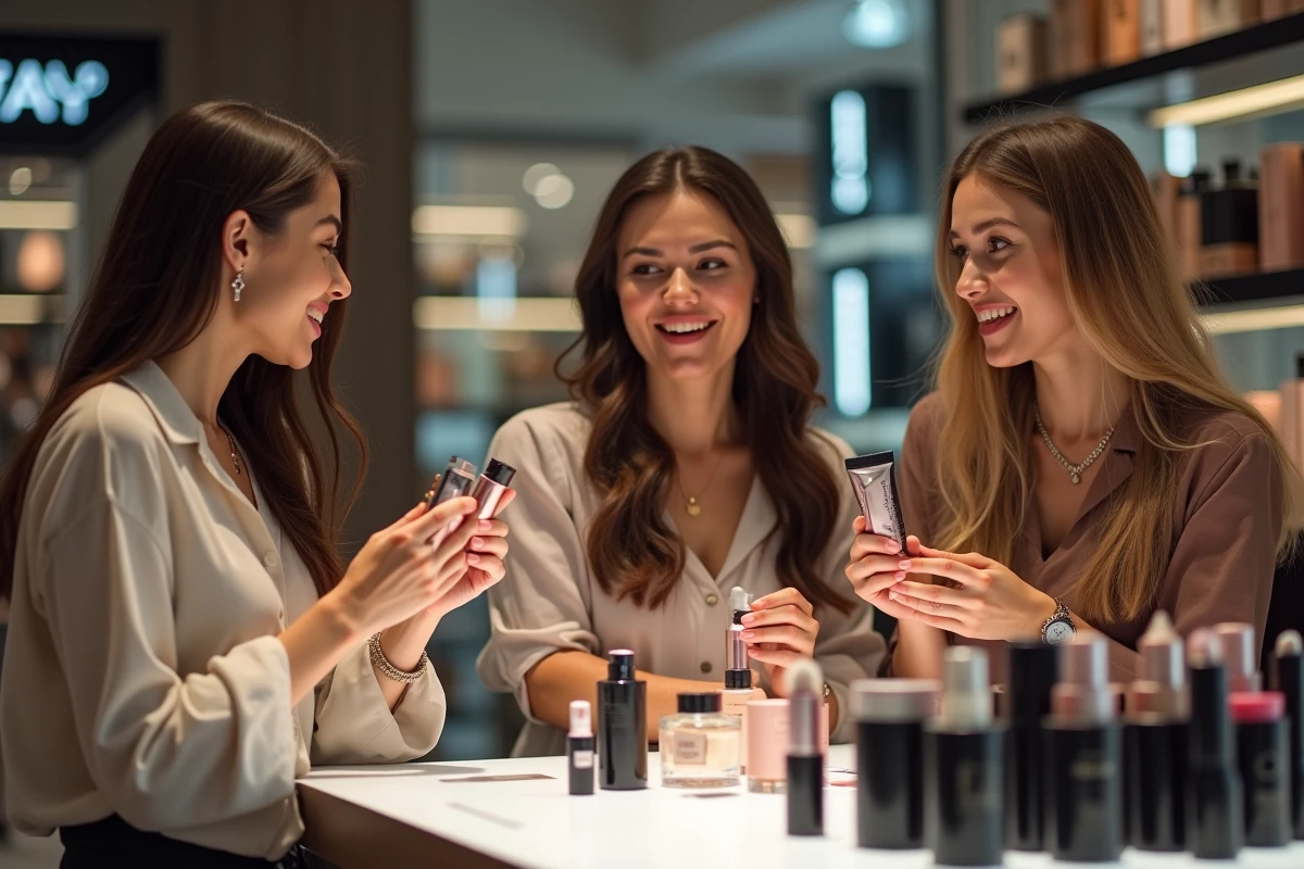 Groupe de femmes comparant des produits de beauté au comptoir d'un grand magasin, représentant la diversité des concurrents sur le marché de la beauté