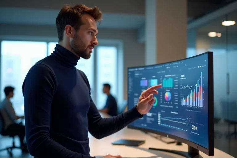Homme interagissant avec un grand écran incurvé affichant des visualisations de données dans un bureau high-tech moderne