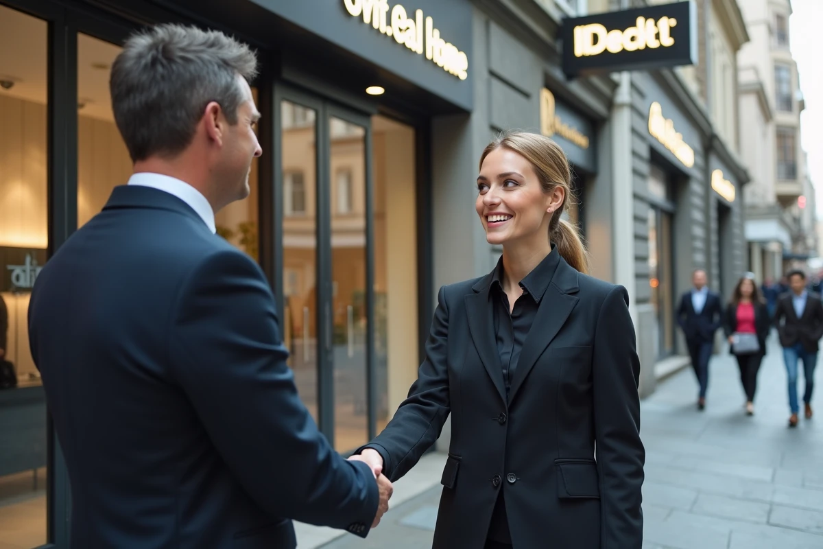 Homme et femme d affaires se serrant la main dans la rue