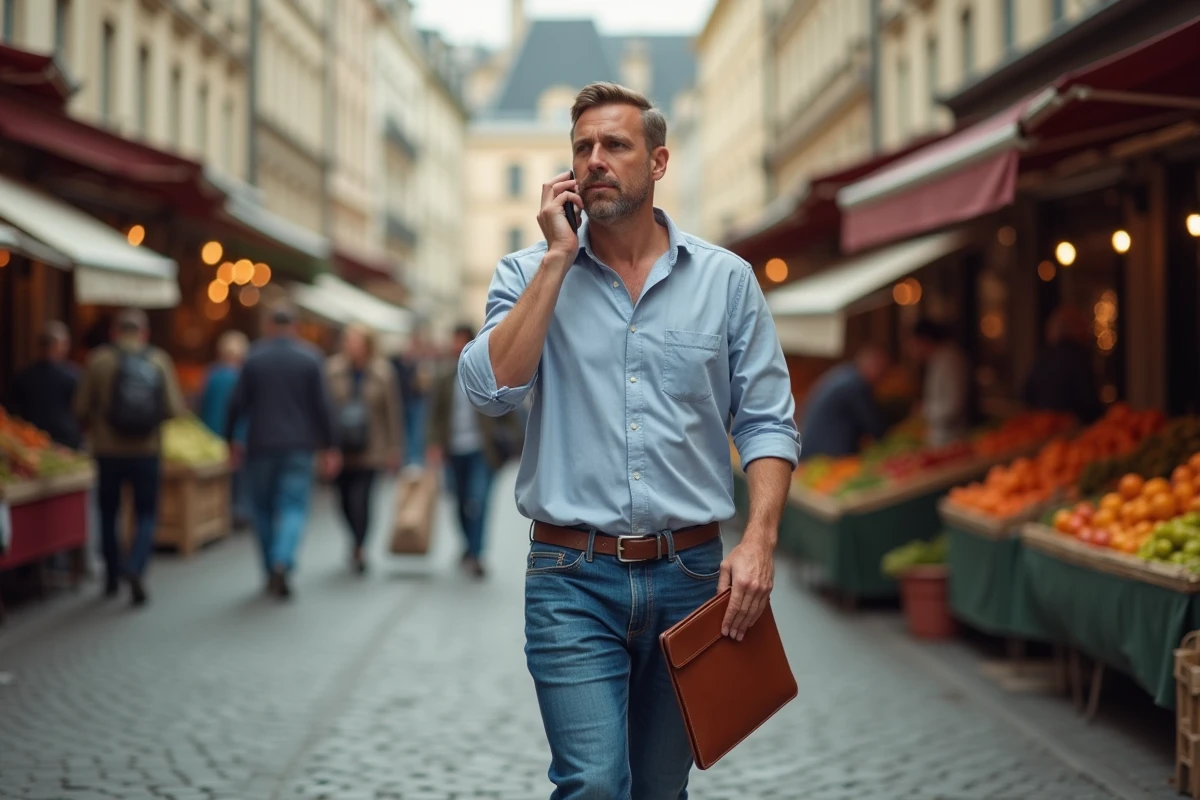 Homme d age moyen marche dans un marché animé