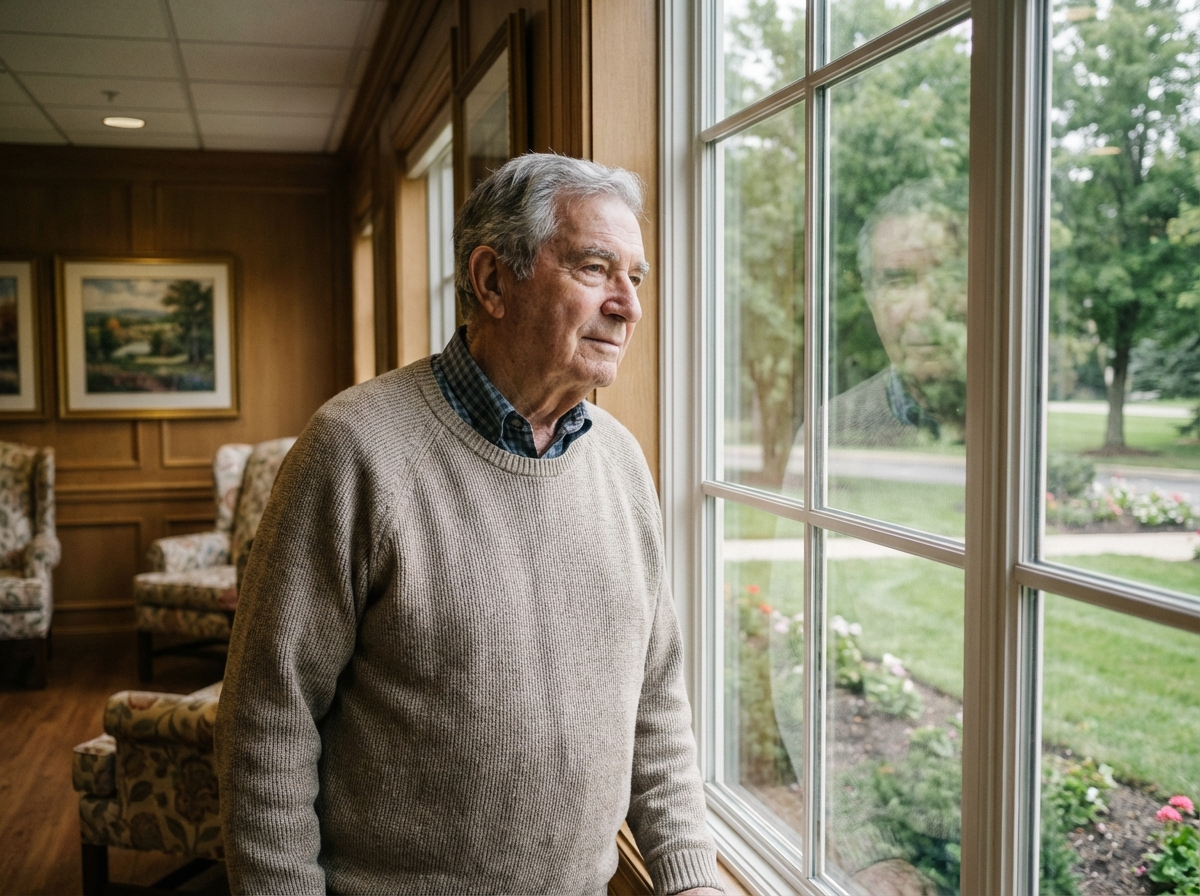 Homme senior regardant par la fenetre dans un residence