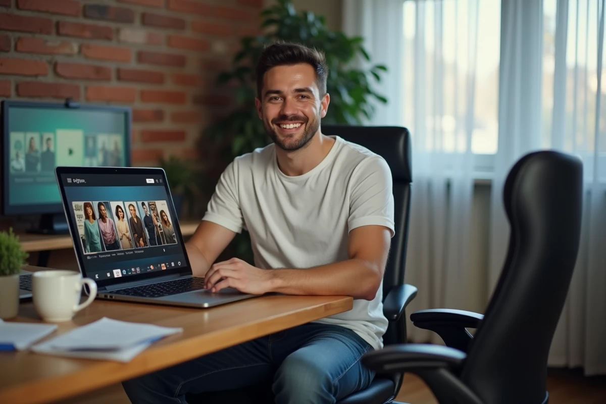 Homme regardant des séries en streaming sur un ordinateur portable dans un bureau à domicile