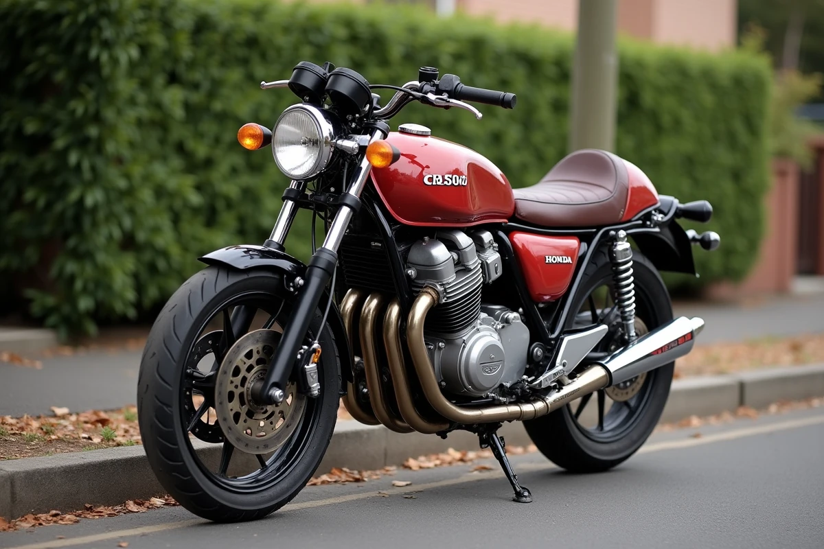 Honda CB500 des années 1990 garée dans une rue, vue de trois quarts avant avec ses deux échappements caractéristiques