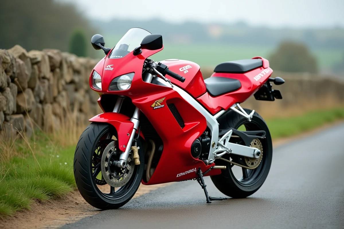 Honda CBR 600 F rouge des années 1990 garée au bord d'une route de campagne, vue de profil