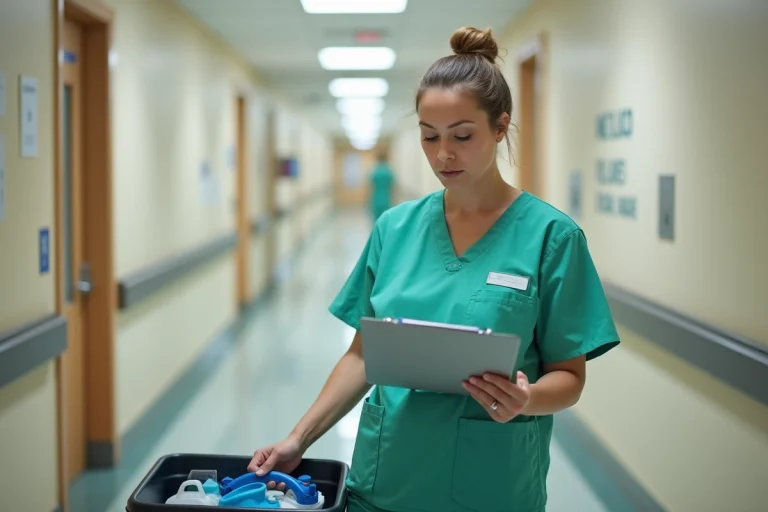 Infirmière en blouse verte dans un couloir d'hôpital