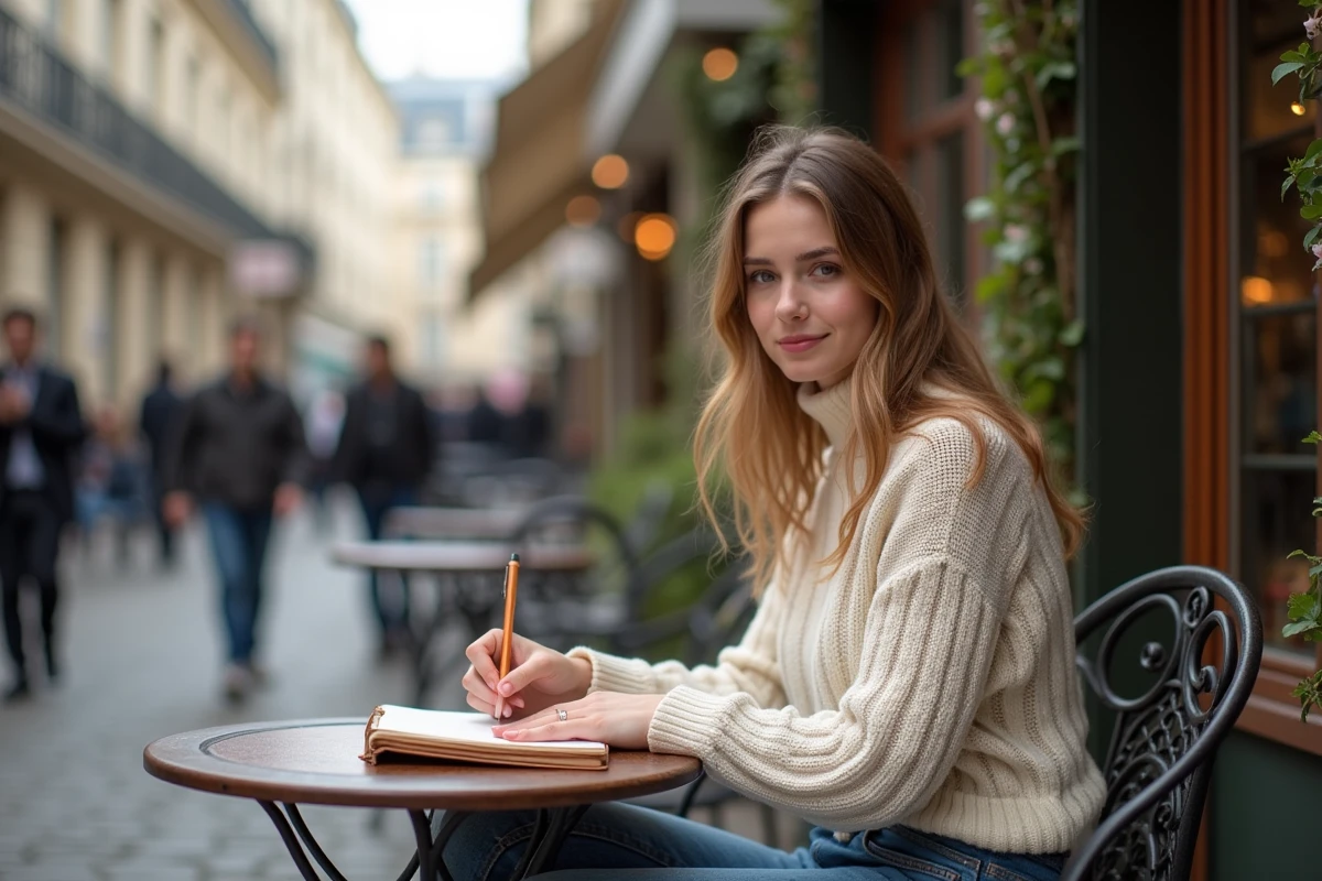 Jeune femme dessinant dans un café parisien en plein air