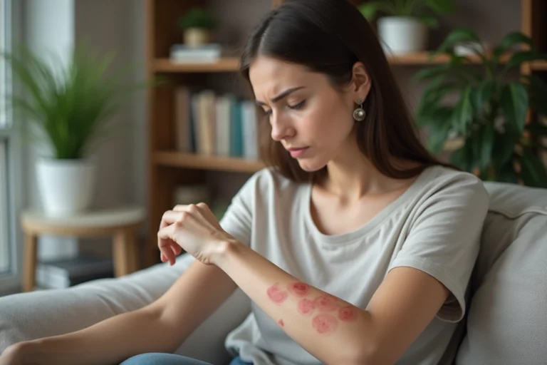Jeune femme examinant des boutons rouges sur son bras