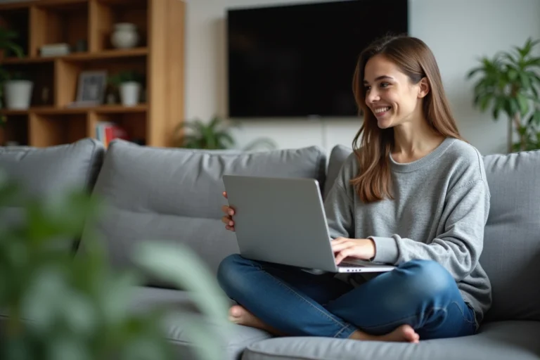 Jeune femme en détente regardant la télévision en streaming