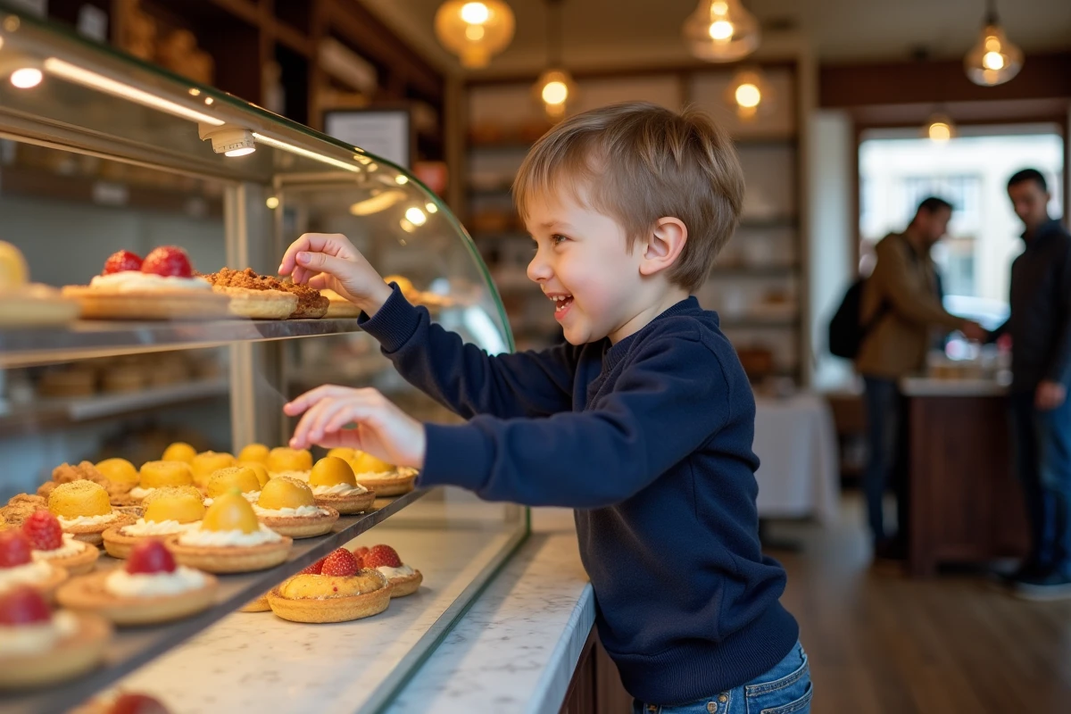 Garcon regardant une tarte aux fruits dans une boulangerie