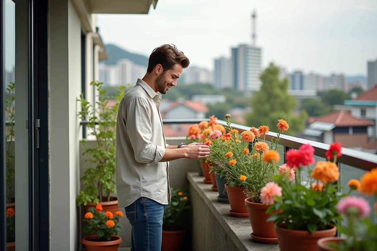 Jeune homme arrangeant des fleurs sur un balcon urbain