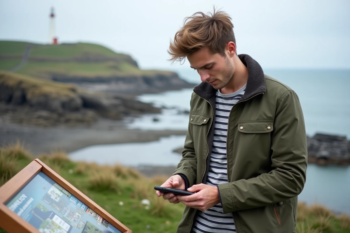 Jeune homme utilisant son smartphone près de la côte bretonne