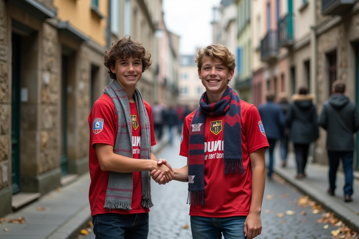 Deux adolescents bretons souriants devant un bâtiment ancien