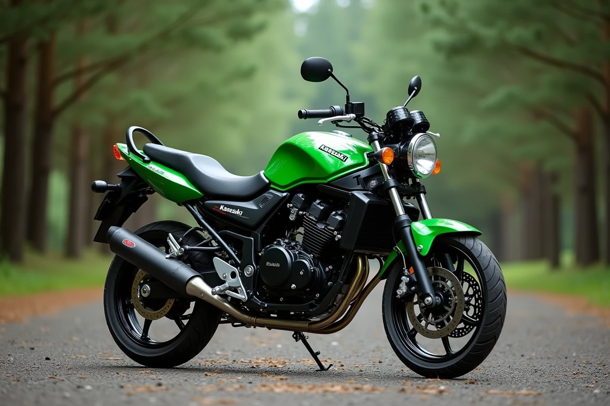 Kawasaki ER-5 verte garée sur un chemin de gravier en forêt, vue de trois quarts arrière