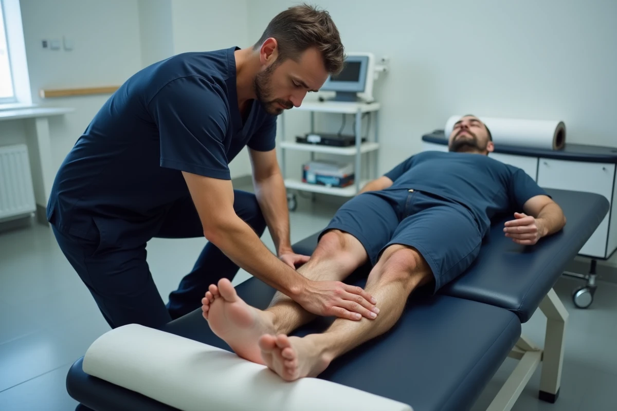 Kinésithérapeute examinant le talon d'un patient souffrant d'épine calcanéenne en cabinet médical