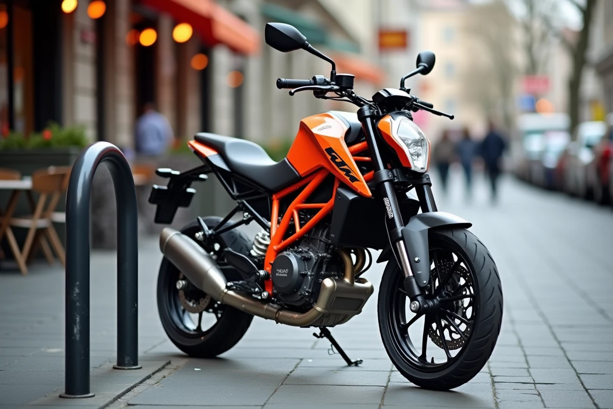 KTM Duke 125 orange garée sur un trottoir urbain, cadre treillis et moteur monocylindre visibles