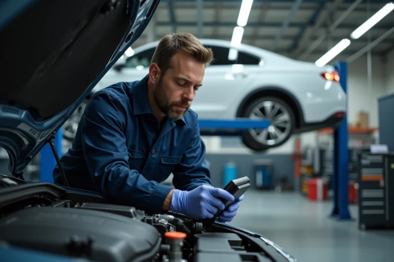 Mécanicien automobile professionnel inspectant le moteur d'une berline dans un garage équipé