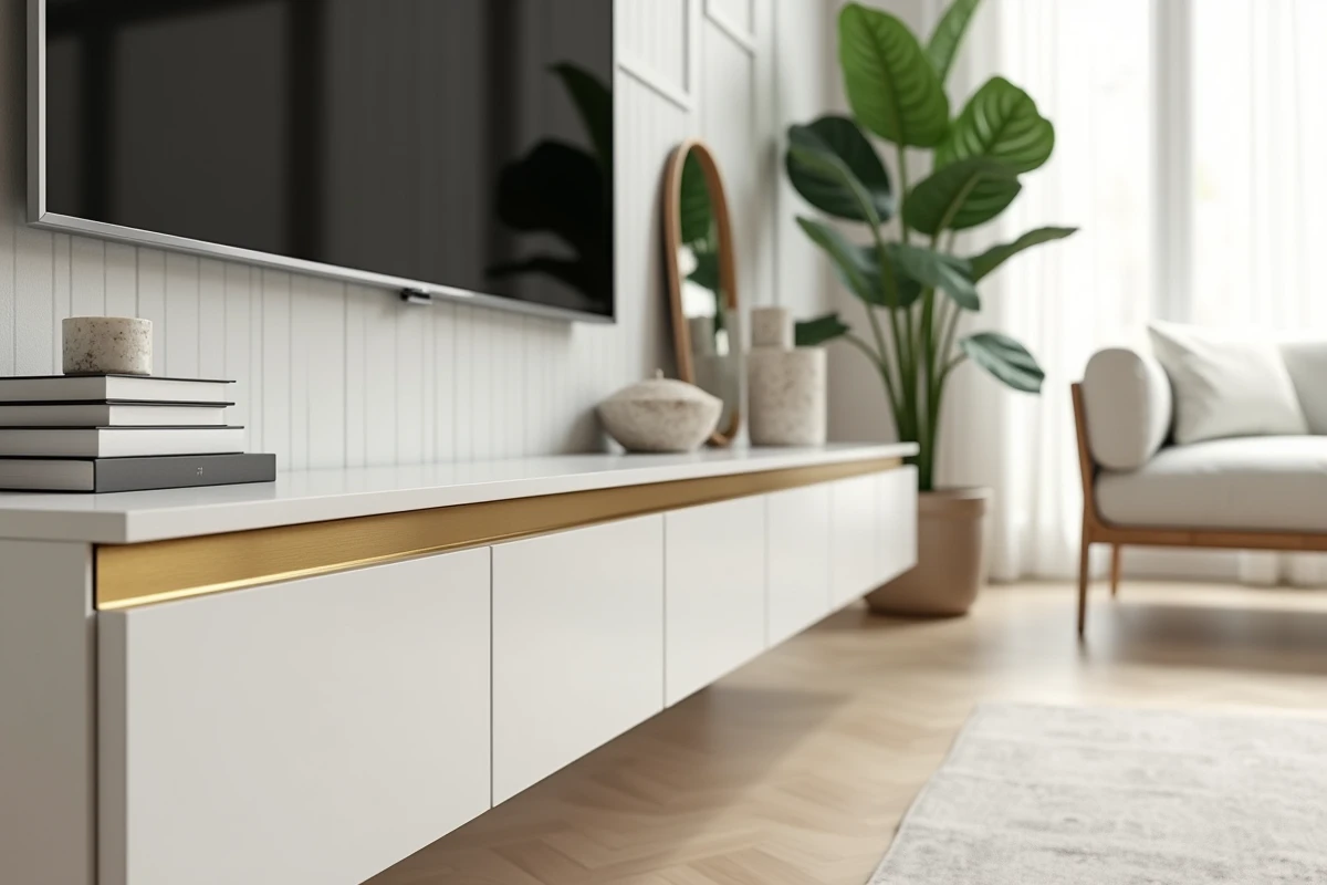 Meuble TV d'angle flottant en laque blanche et laiton brossé dans un intérieur scandinave avec parquet en bouleau