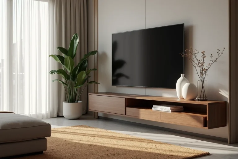Meuble TV d'angle moderne en chêne anthracite mat dans un salon contemporain avec sol en béton poli et canapé en lin