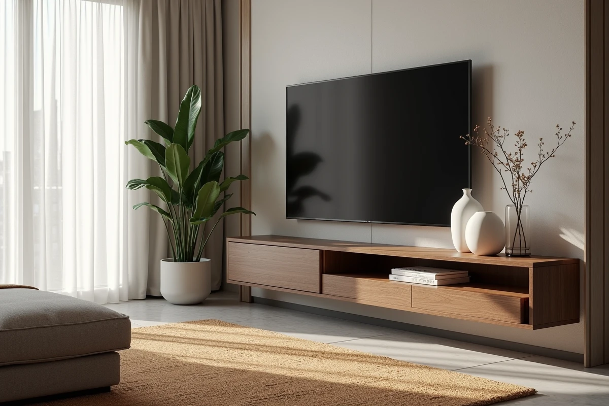 Meuble TV d'angle moderne en chêne anthracite mat dans un salon contemporain avec sol en béton poli et canapé en lin