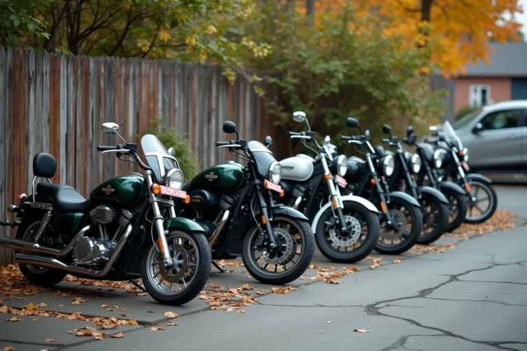 Rangée de motos d'occasion dans un petit concessionnaire, avec des étiquettes de prix sur les guidons