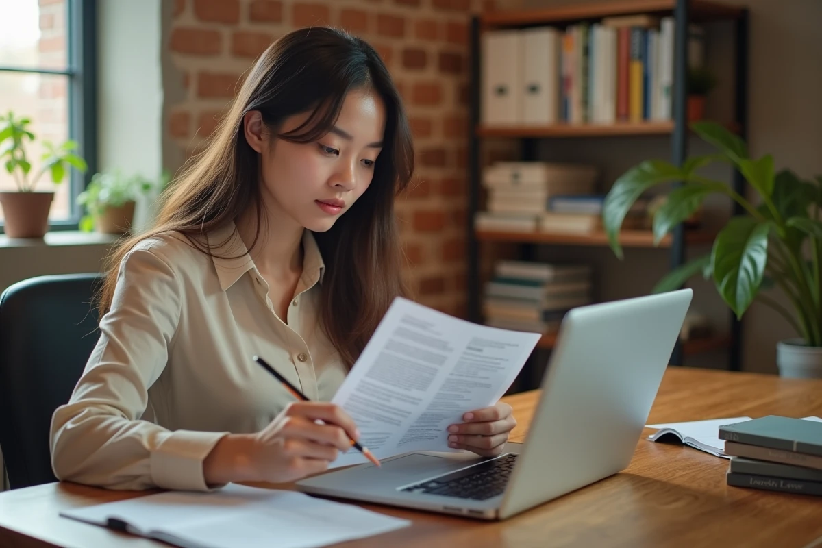 Jeune femme étudiant un document juridique à domicile avec un ordinateur portable, représentant la compréhension pratique de l'article 1113 du code civil par un particulier