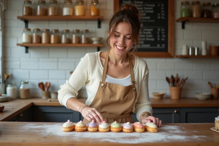 Femme souriante en cuisine patisserie avec eclairs pastel