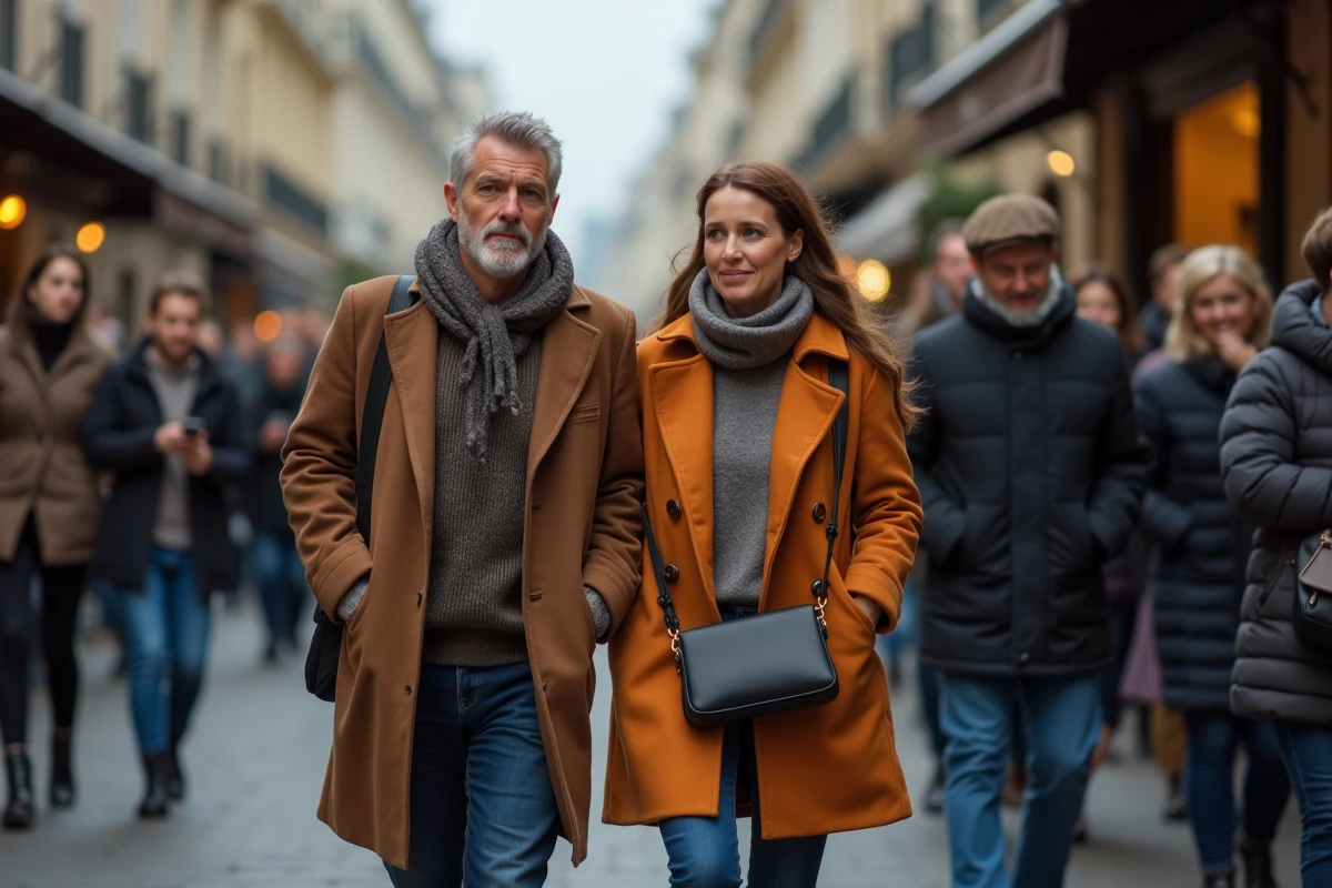 Couple de personnalités publiques tentant de préserver leur vie privée face aux smartphones et regards dans une rue parisienne