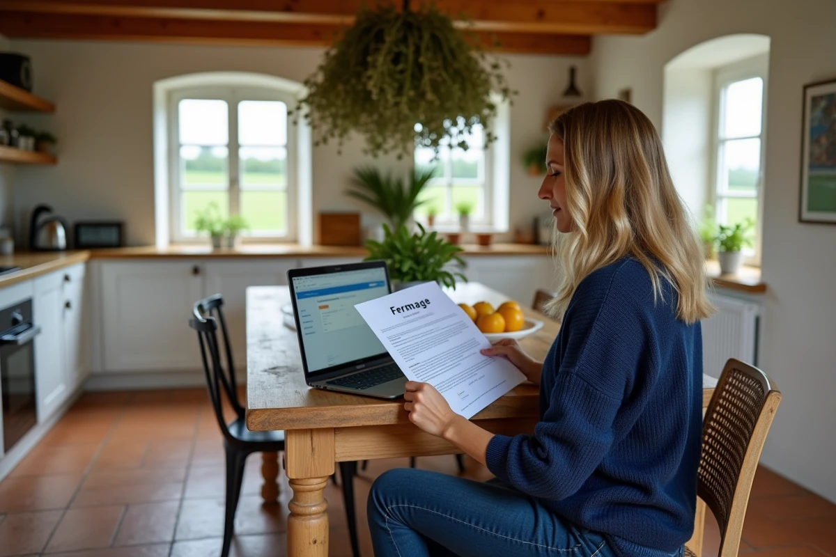 Propriétaire terrienne consultant le site des impôts pour déclarer un revenu de fermage agricole depuis sa cuisine de ferme