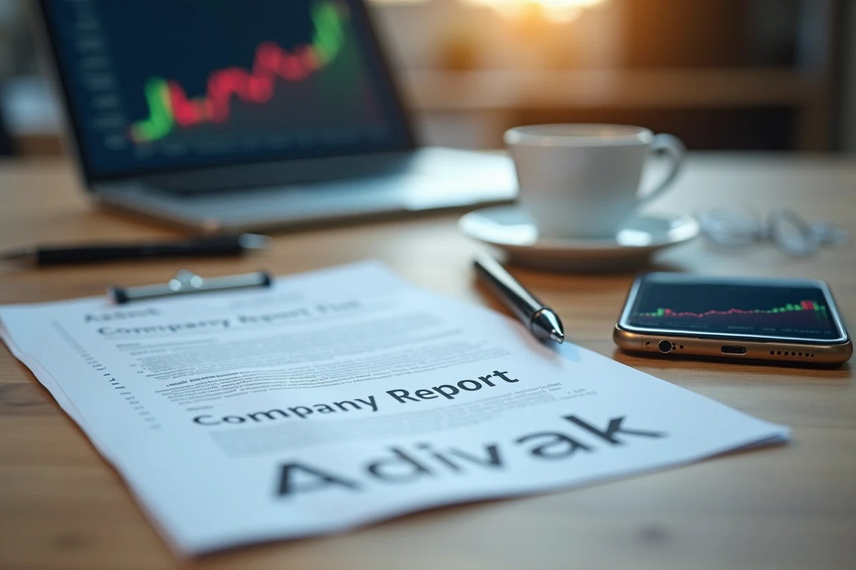 Rapport d'entreprise Adivak posé sur un bureau avec un smartphone affichant une courbe boursière en baisse, symbolisant la remise en question de la confiance en 2026