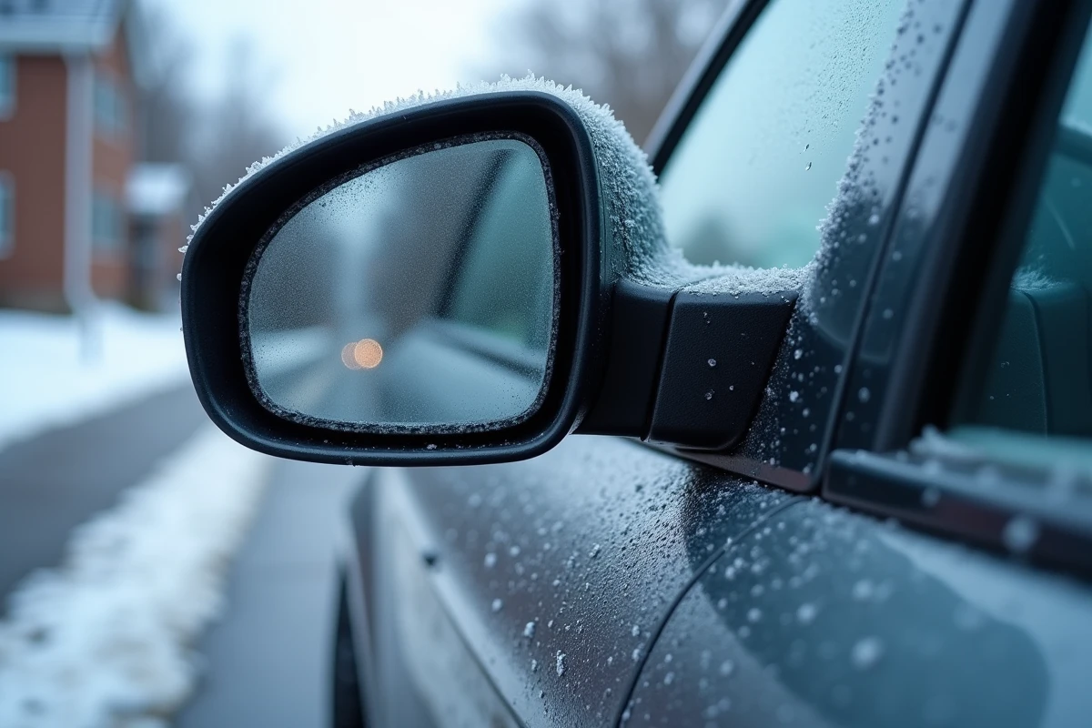 Rétroviseur latéral de voiture recouvert de givre et de cristaux de glace par une matinée d'hiver froide