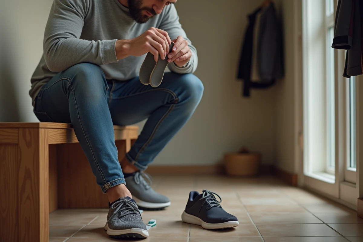 Homme insérant une semelle orthopédique dans une chaussure pour prévenir et traiter l'épine calcanéenne