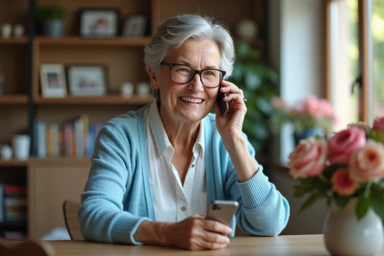 Femme senior souriante avec téléphone à la maison