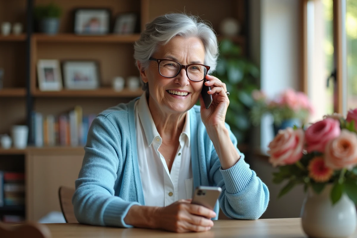 Femme senior souriante avec téléphone à la maison