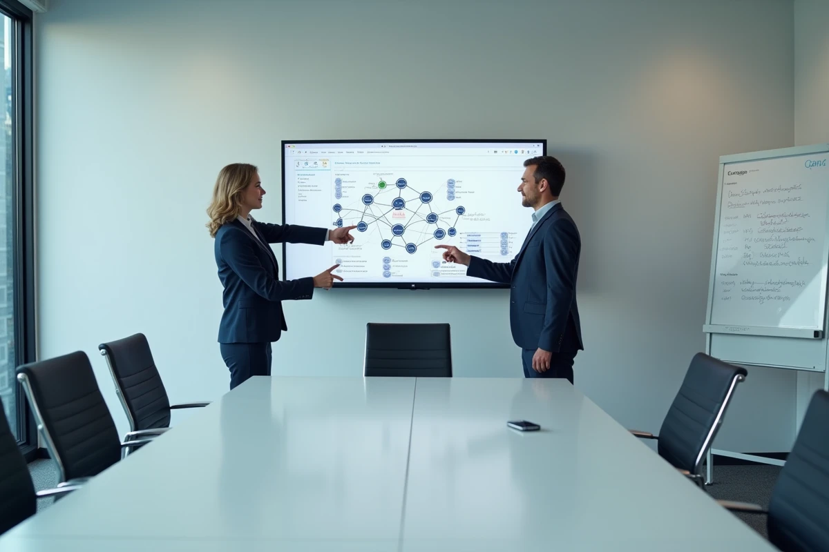 Deux experts SEO collaborant sur une stratégie de netlinking devant un graphe de backlinks affiché en salle de réunion