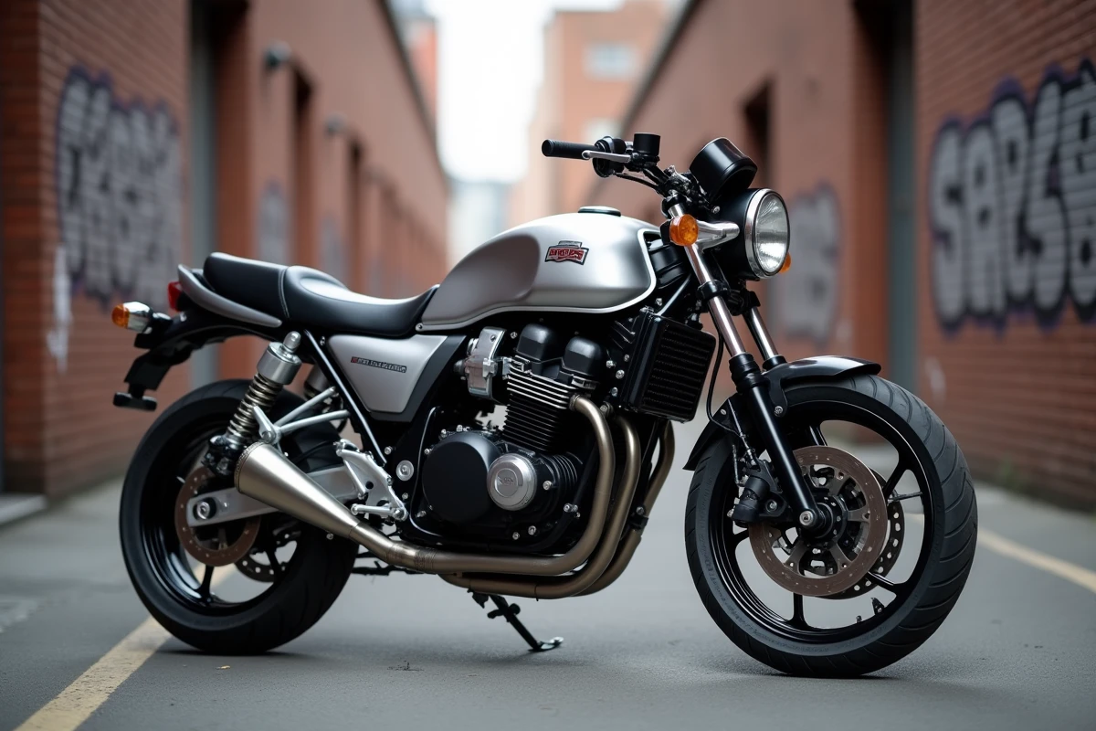 Suzuki Bandit 600 garée dans une ruelle urbaine, moteur quatre cylindres apparent visible