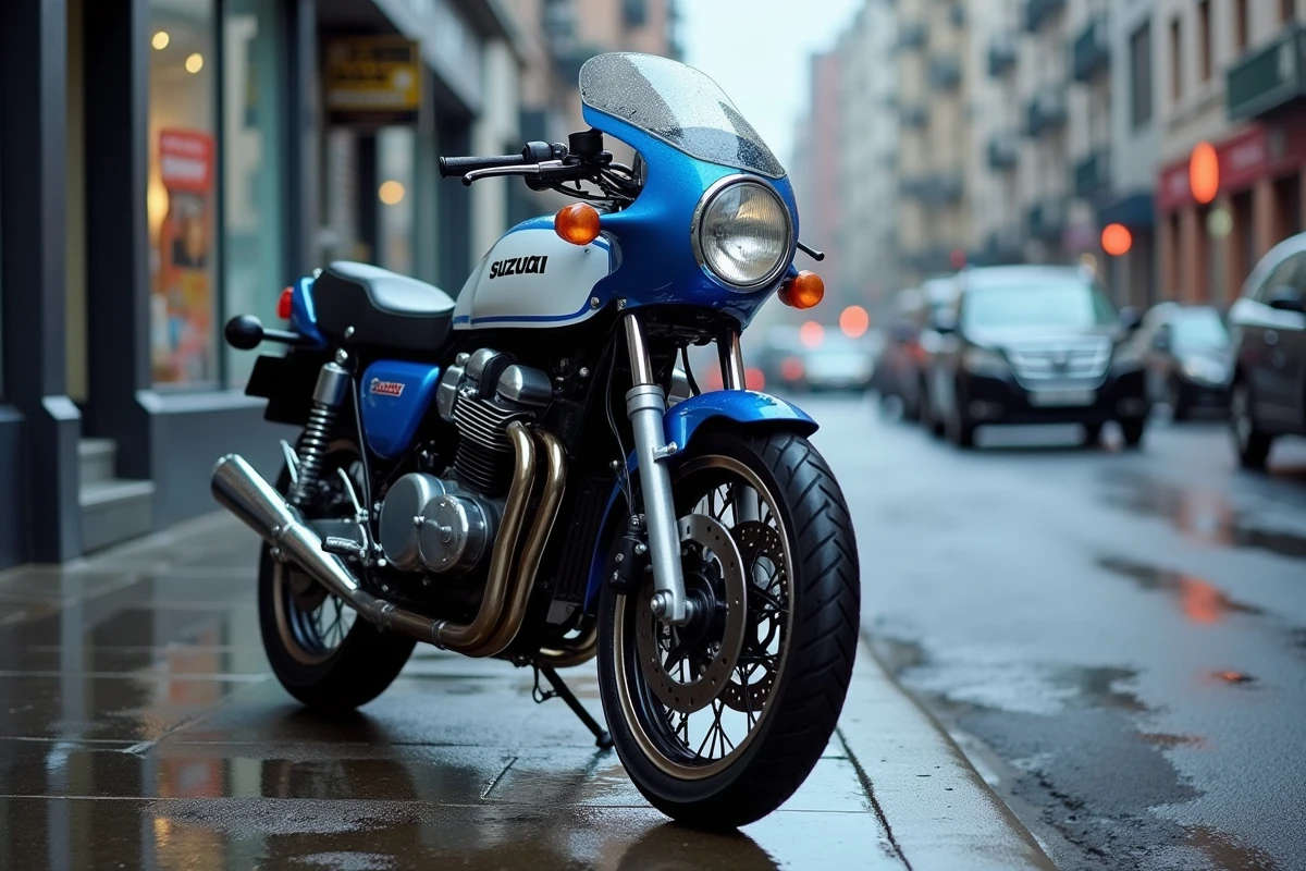 Suzuki GS500 bleue garée sur un trottoir urbain mouillé, reflets dans la pluie