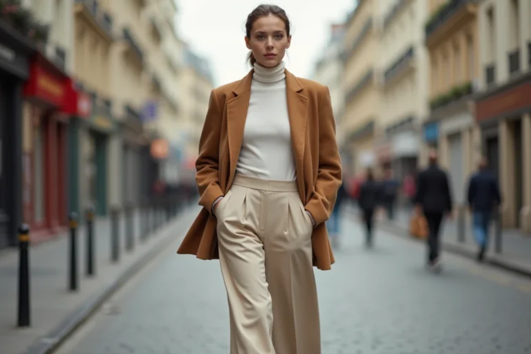 Femme portant un blazer oversize camel et un pantalon large écru dans une rue parisienne, look tendance automne-hiver