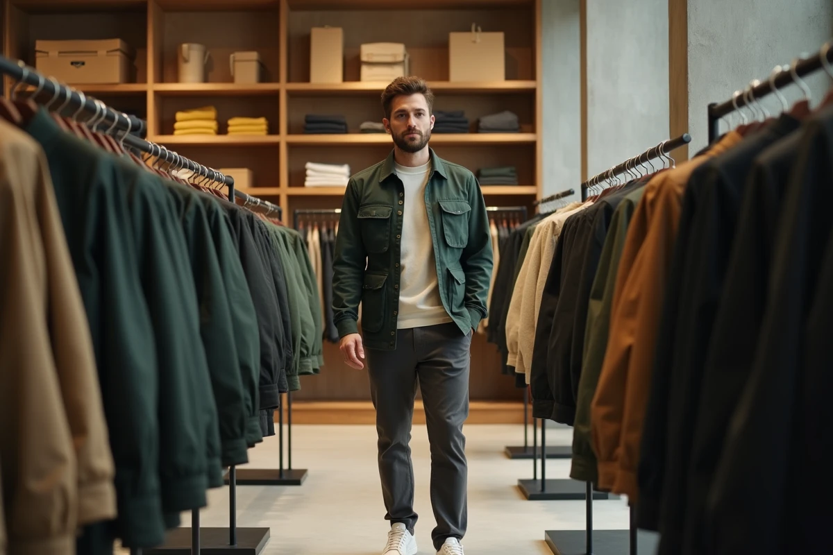 Homme en veste utilitaire verte et sneakers blanches dans un concept store minimaliste, style streetwear tendance