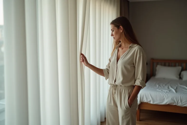 Femme testant l'efficacité d'un rideau occultant en touchant le tissu épais dans une chambre lumineuse