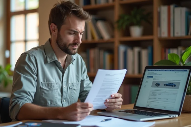 Homme consultant le site de l'ANTS sur un ordinateur portable pour vérifier l'enregistrement d'une cession de véhicule