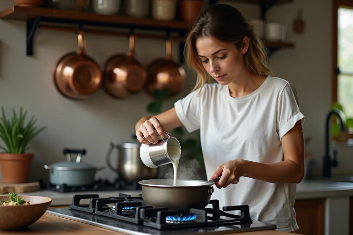Femme versant 10 cl de lait dans une casserole sur une gazinière dans une cuisine rustique