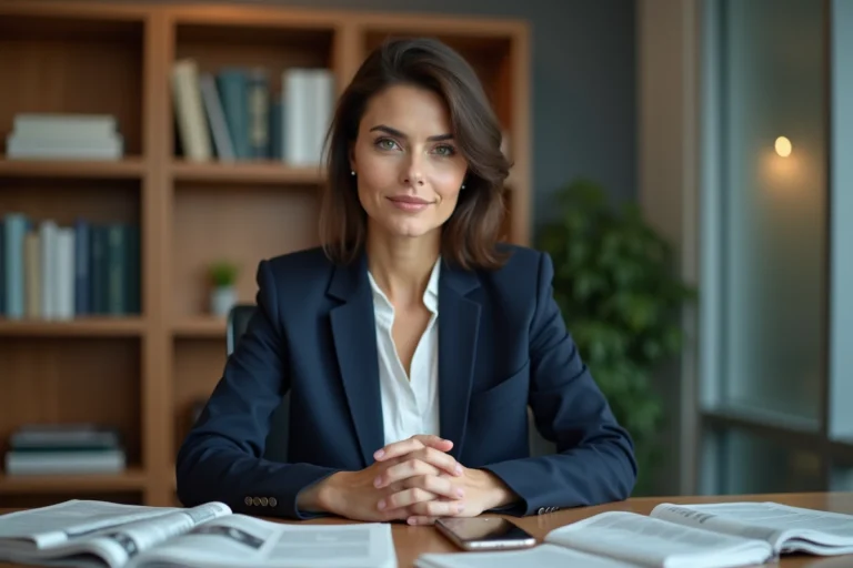 Femme journaliste réfléchissant à l'éthique médiatique et à la vie privée des personnalités dans un bureau éditorial moderne