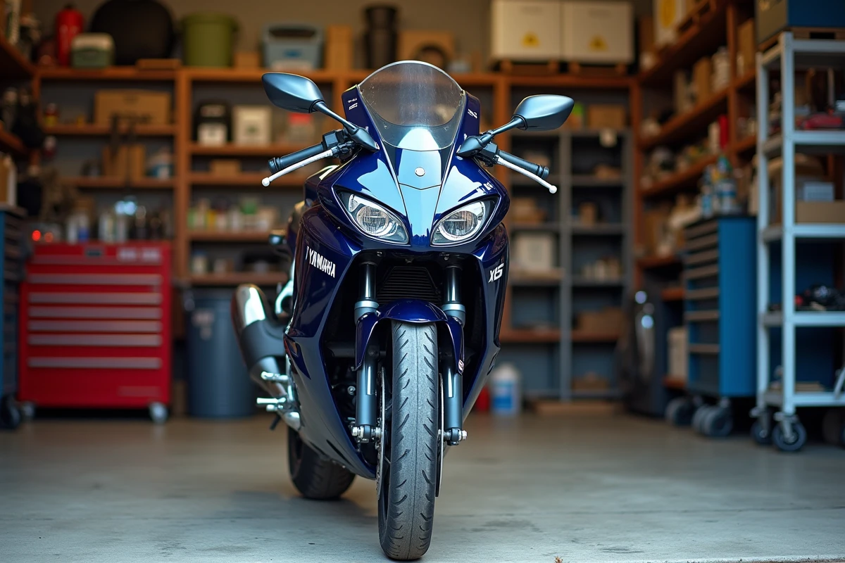 Yamaha XJ6 Diversion bleue garée dans un garage de particulier, vue de trois quarts avant