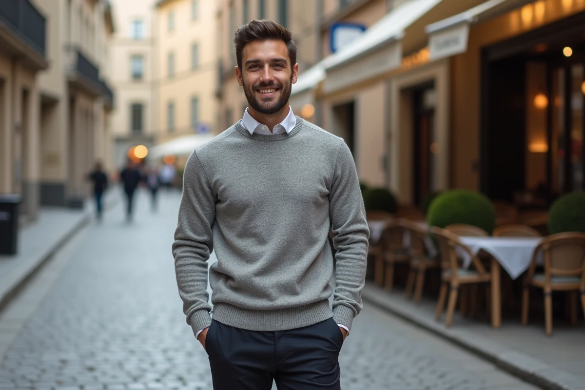 Homme souriant en pull gris dans une rue pavée européenne, évoquant le parcours de vie inspirant et authentique de Yann Dernaucourt