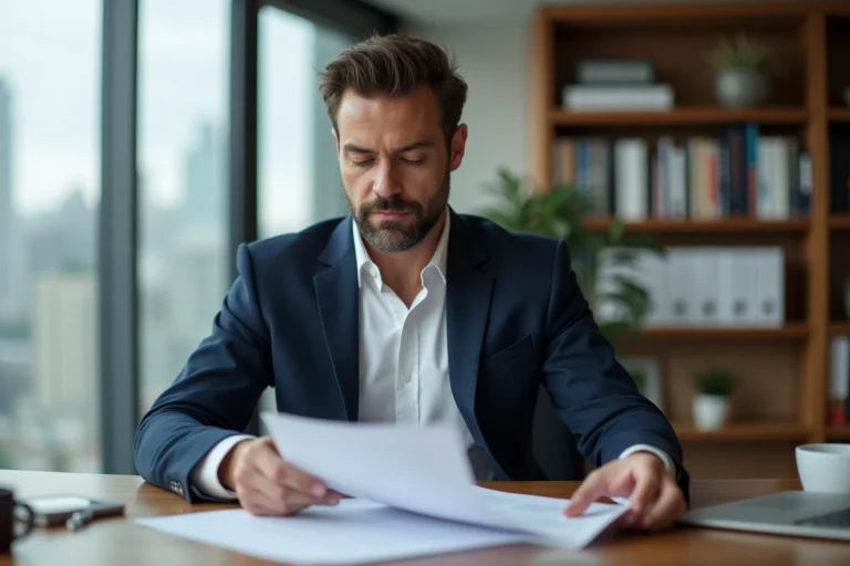 Portrait professionnel d'un homme inspirant en blazer marine assis à son bureau, illustrant le parcours de carrière de Yann Dernaucourt