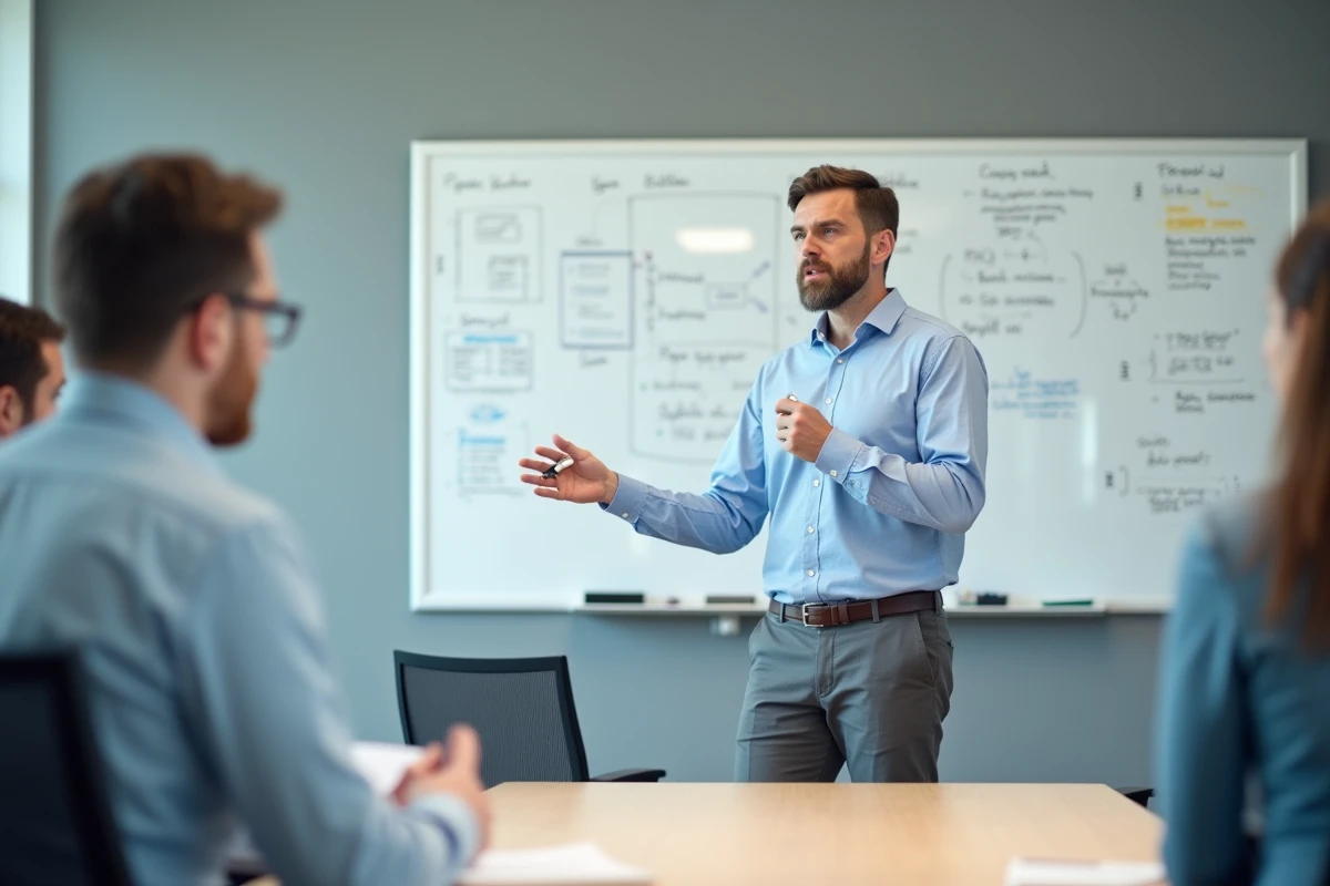 Homme professionnel présentant des idées au tableau blanc lors d'une conférence, symbolisant le leadership et le parcours inspirant de Yann Dernaucourt